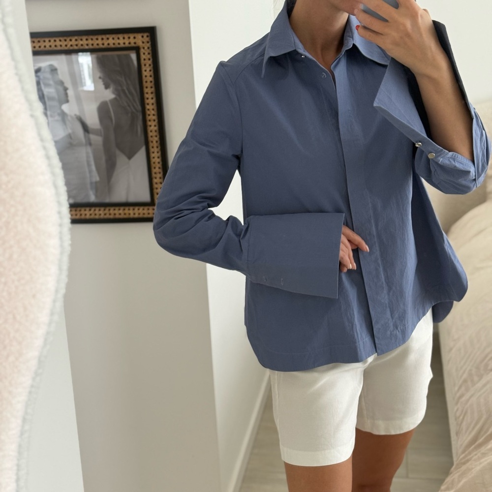 Classic Slate Blue Button-Front Blouse